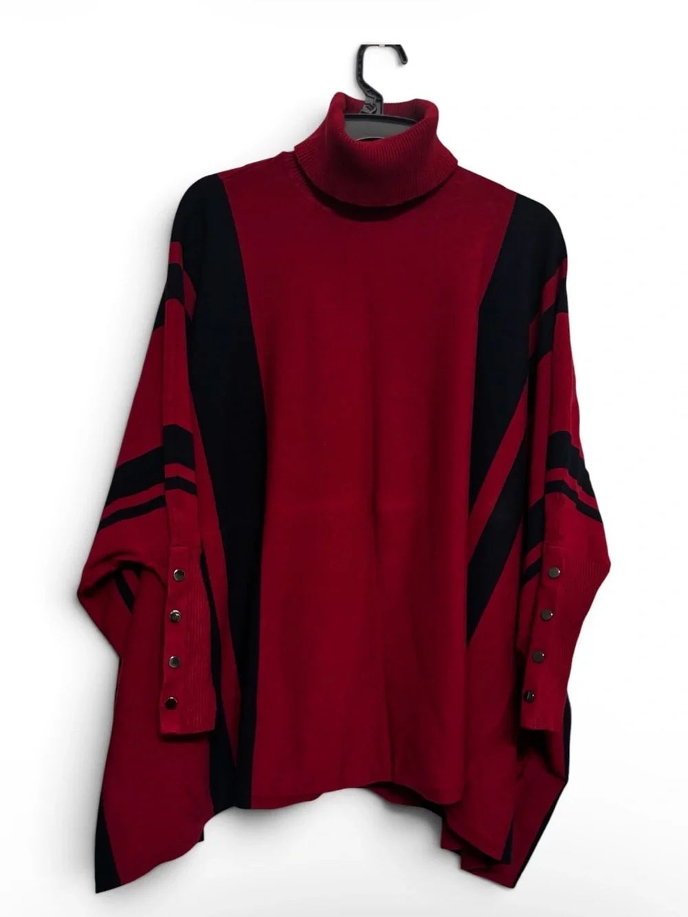 Woman’s Red and Black Turtleneck Poncho Sweater